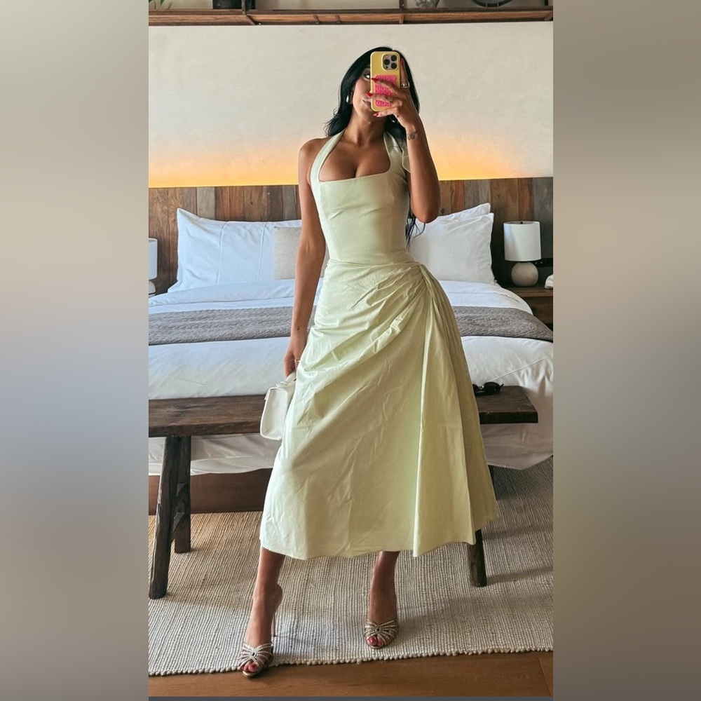House of CB Tallulah Matcha Green Cotton Halter Neck Midi Dress XS